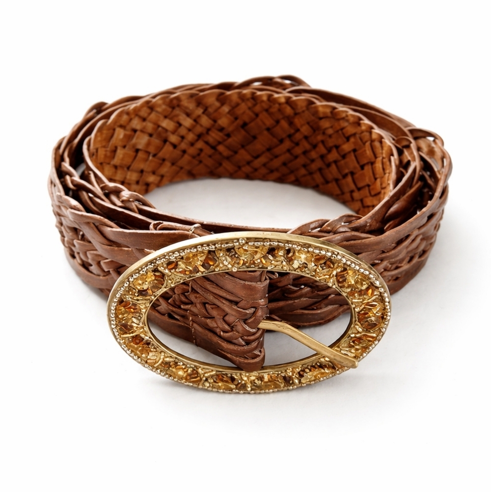 Nine West Genuine Leather Braided Wide Belt Brown Gold Beaded Buckle Size M/L